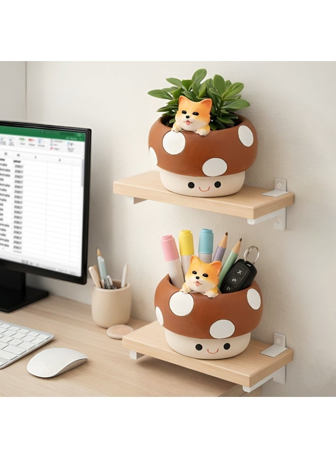 Beram Brown Mushroom Smiling Cat Planter Polyresin Decorative Flower Pot Cute Animal Succulent Holder with Drainage Hole Indoor Outdoor Home Office Desk Decor Pen Pencil HolderKit Gift(Brown-) - Image 5